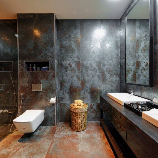 Elegantly designed deluxe king room bathroom featuring modern amenities, a spacious shower, and a luxurious freestanding tub, creating a serene and stylish retreat for guests."