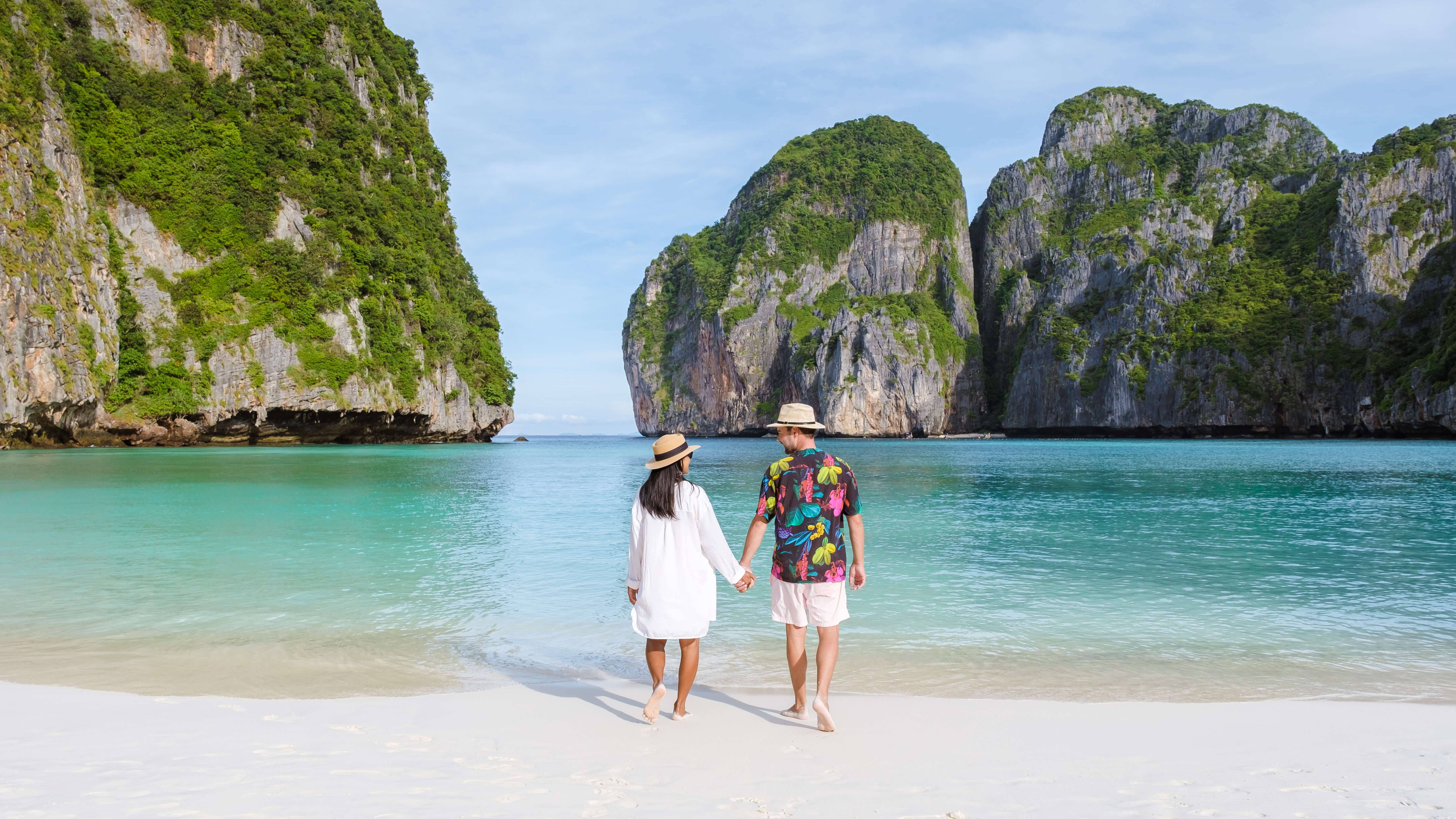 Maya Bay beach Koh Phi Phi Thailand in the morning with turqouse colored ocean