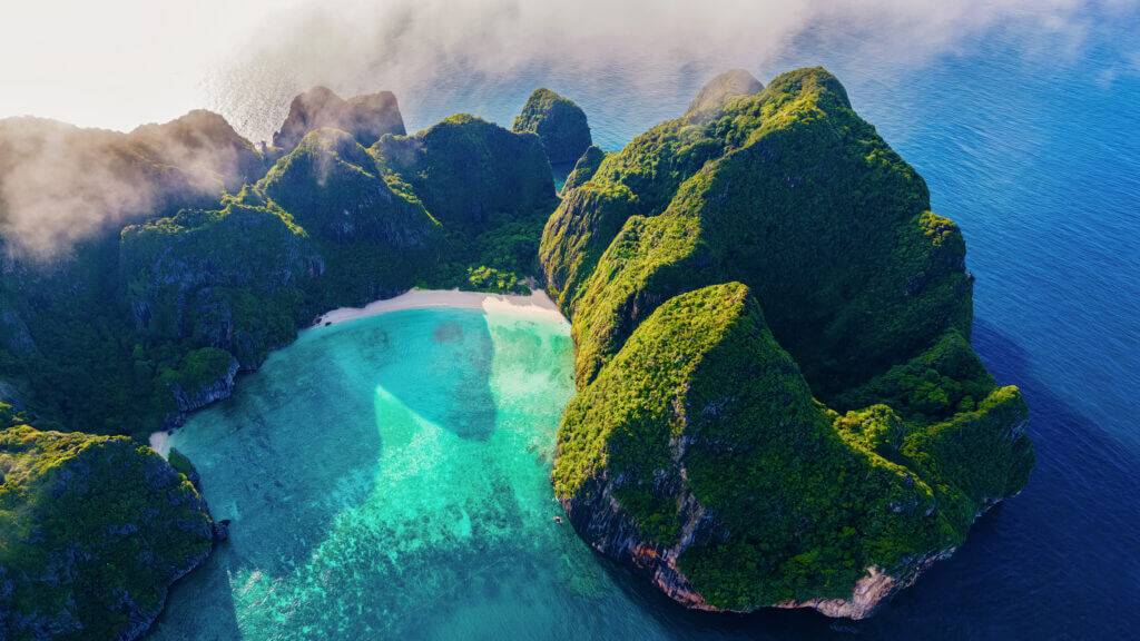 Maya Bay Koh Phi Phi Thailand, Turquoise clear water Thailand Koh phi phi drone view