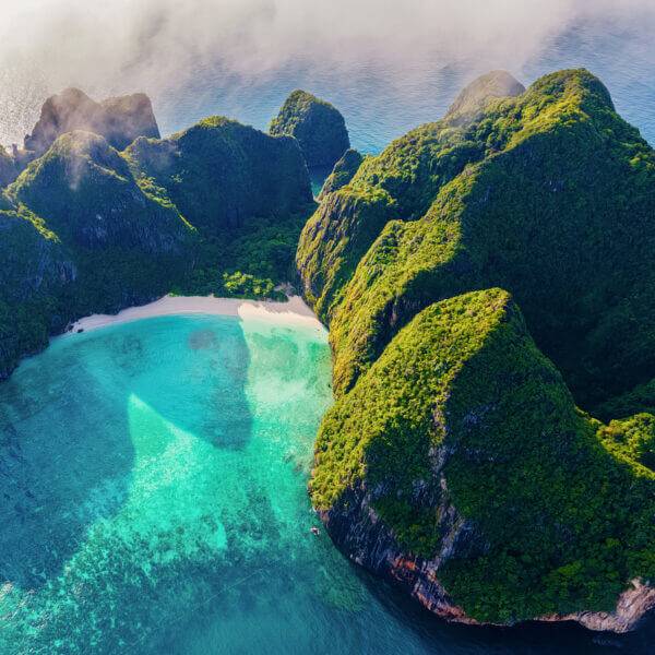 Maya Bay Koh Phi Phi Thailand, Turquoise clear water Thailand Koh phi phi drone view