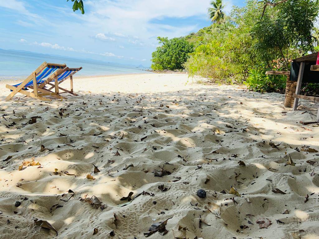 Two sun loungers under a tree on an empty beach on Koh Yao Yai
