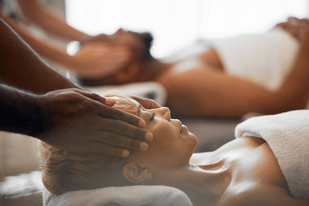 Spa, wellness massage and relax couple at luxury beauty salon for body healthcare, facial treatment