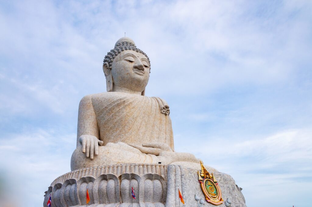 Low angle shot of the historic famous landmark called Big Buddha in Phuket island in Thailand